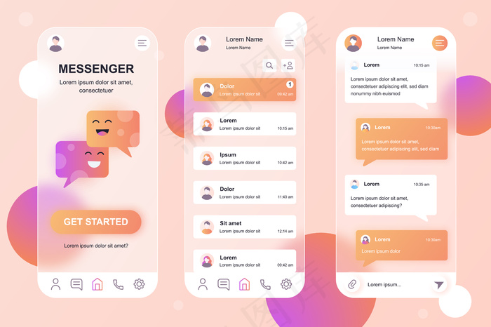 Messenger glassmorphic design neumorphic elements手机app移动应用程序appui ux gui屏幕套件eps,ai矢量模版下载