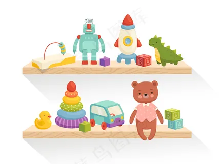 可爱的儿童玩具在架子上。儿童房或玩具店内部的一部分。隔离在白色背景上。