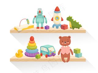 可爱的儿童玩具在架子上。儿童房或玩具店内部的一部分。隔离在白色背景上。