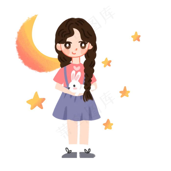 中秋小女孩抱兔子手绘元素(2000X2000(DPI:300))psd模版下载