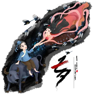 七夕情人节牛郎织女鹊桥会手绘海