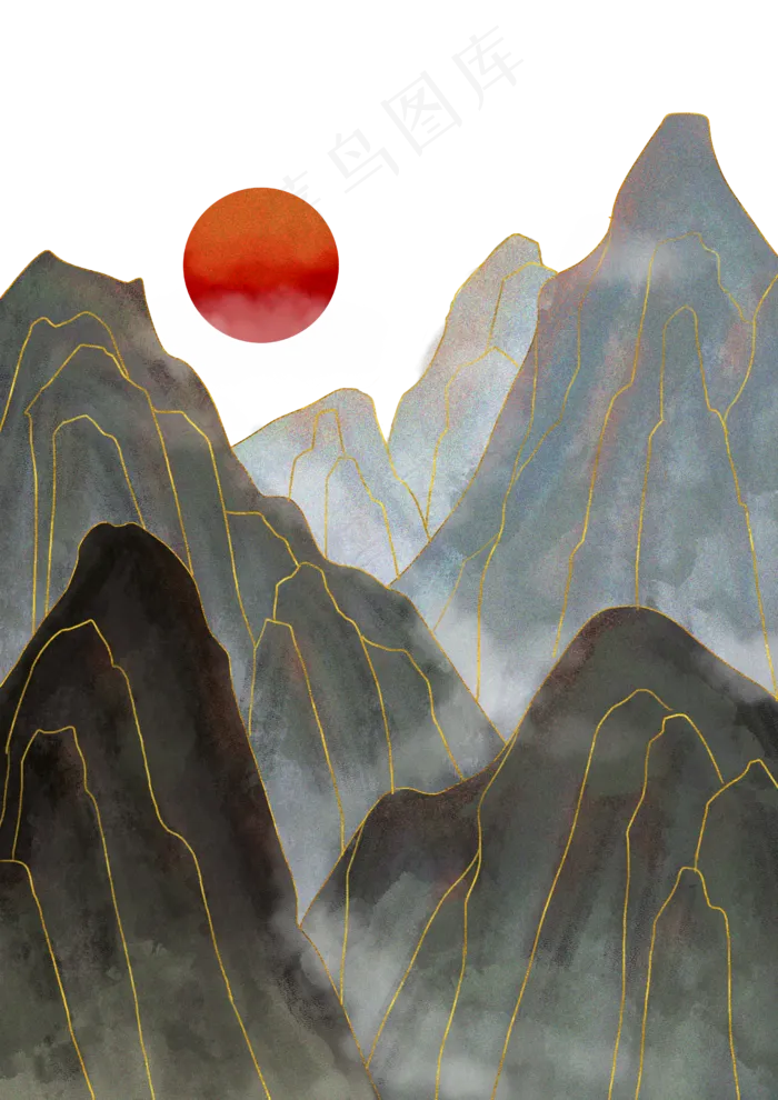 手绘水墨古风金线山水(3543X4724(DPI:150))psd模版下载