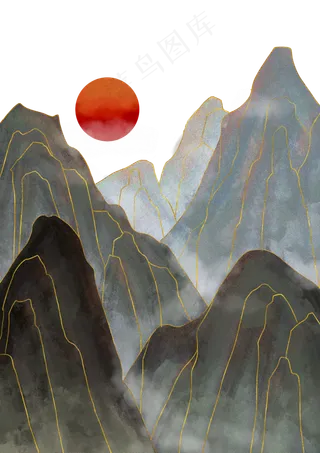 手绘水墨古风金线山水