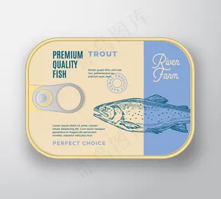 带标签盖的抽象鱼铝容器。复古高级罐装包装。