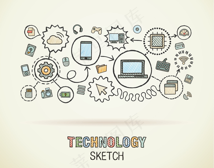 技术手绘集成图标集在纸上。彩色素描信息图表。连接涂鸦象形图，互联网，数字，市场，媒体，计算机，网络互动概念
