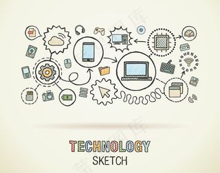 技术手绘集成图标集在纸上。彩色素描信息图表。连接涂鸦象形图，互联网，数字，市场，媒体，计算机，网络互动概念