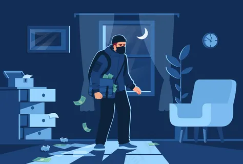 夜幕下保加利亚人闯入公寓半插画。窗口背景上的强盗形象。盗取商业卡通人物的金钱和贵重珠宝