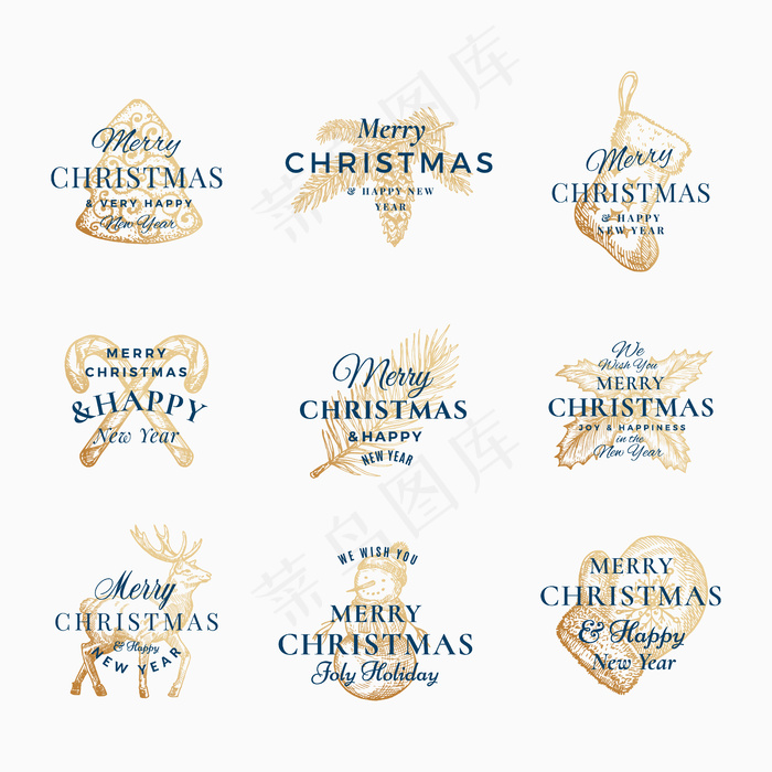经典的圣诞快乐和新年快乐抽象标志，标签或标志模板集。