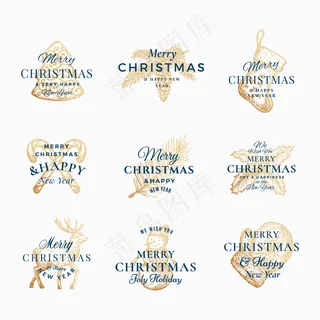 经典的圣诞快乐和新年快乐抽象标志，标签或标志模板集。