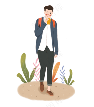 手绘冬季穿搭喝热饮的男生下载