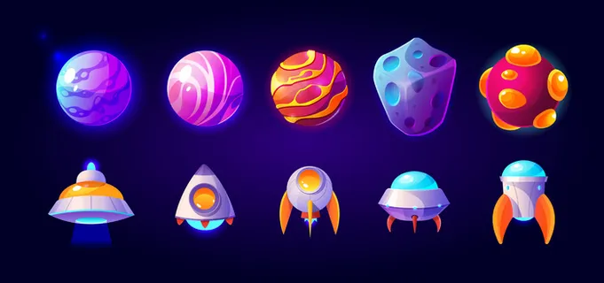 行星或小行星孤立的不明飞行物宇宙飞船和火箭。集合卡通图标集 行星或小行星孤立的不明飞行物宇宙飞船和火箭。集合卡通图标集