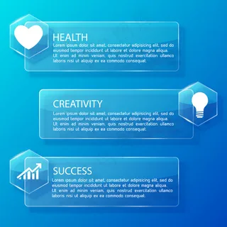 业务信息图玻璃横幅banner与文本六边形和蓝色插图上的白色图标