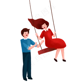 手绘七夕荡秋千的情侣