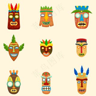 一套不同形状和颜色的非洲面具，背景为白色
