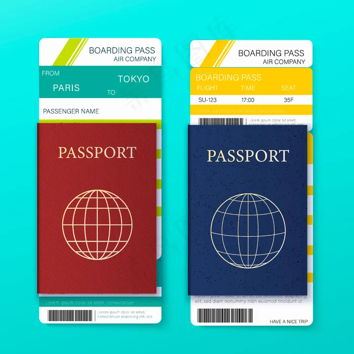 带有逼真的3d护照、机票和细线图标的旅行和旅游概念卡eps,ai矢量模版下载