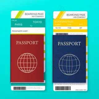 带有逼真的3d护照、机票和细线图标的旅行和旅游概念卡