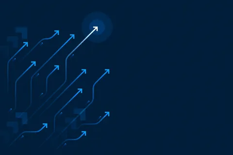 深蓝色背景上的亮箭头向上电路，带有复制空间复制插图，业务增长概念。