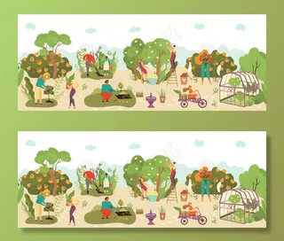 人们在花园里收获农作物果实和农业耕作插画，农民收获秋天的果实、植物。