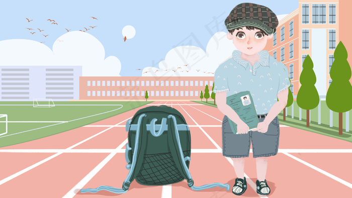 开学季操场上抱着书本的学生原创插画