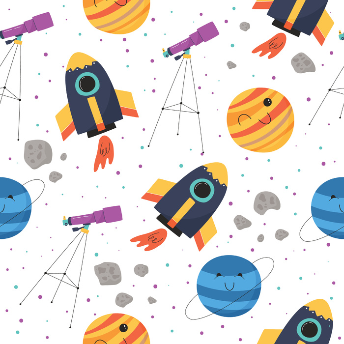 带有彩色宇宙飞船、行星、望远镜和小行星的可爱无缝图案