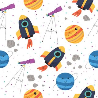 带有彩色宇宙飞船、行星、望远镜和小行星的可爱无缝图案
