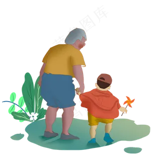 手绘重阳节老人和小孩一起登高