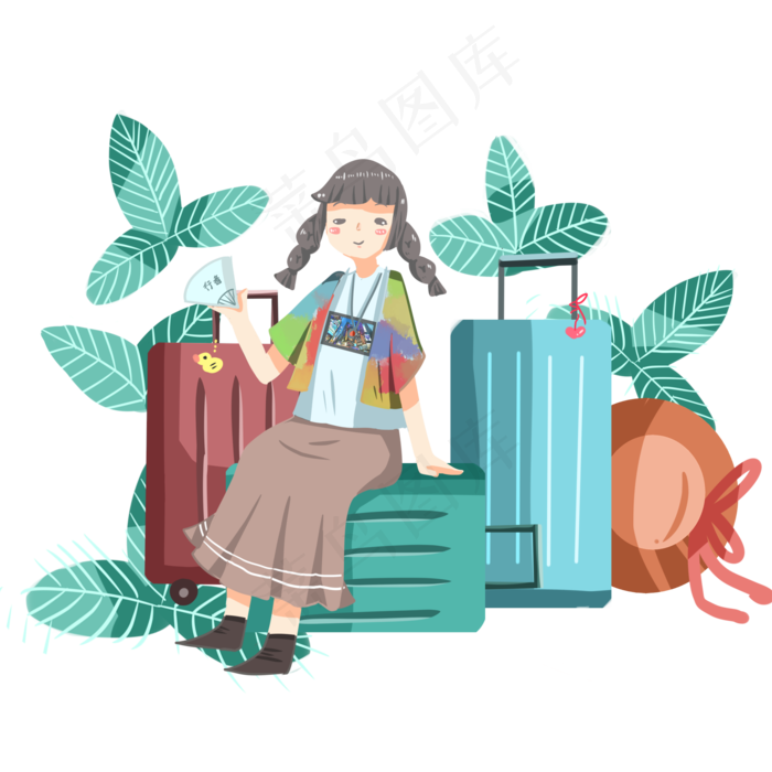 旅游坐在行李箱上的小女孩