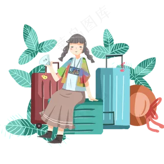 旅游坐在行李箱上的小女孩