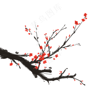 冬季红色梅花树枝水墨写意单棵唯