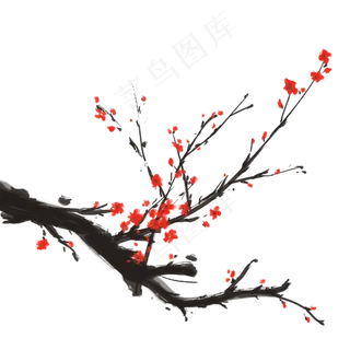冬季红色梅花树枝水墨写意单棵唯