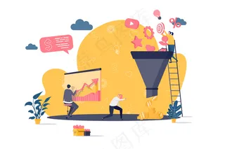 营销漏斗平面概念与人物插图