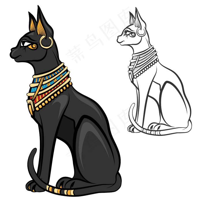 埃及猫女神巴斯特。埃及神，古代坐像，黑色猫科动物雕像，纪念雕像，矢量插图eps,ai矢量模版下载