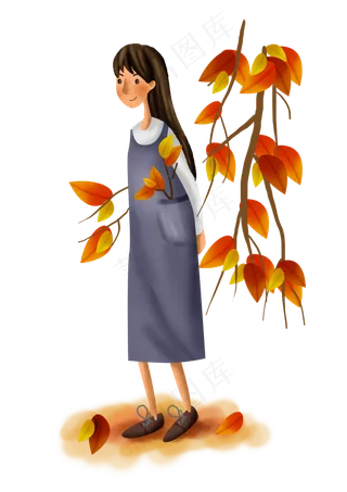 秋游手绘文艺女孩和树