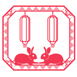 中秋剪纸灯笼小兔窗框
