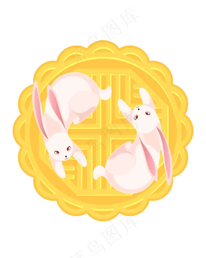 黄色的月饼上两只兔子