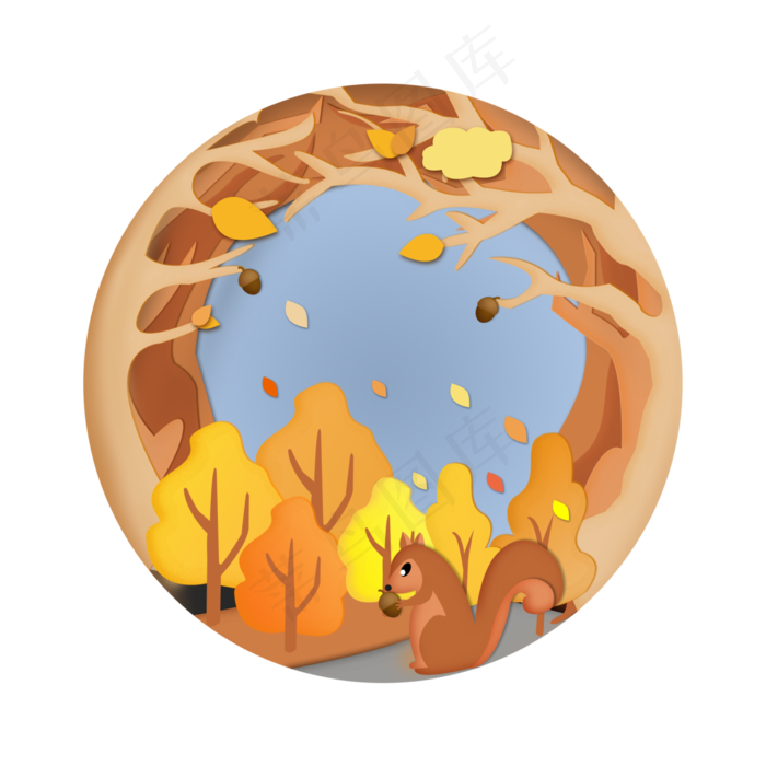 剪纸风秋意浓浓可爱松鼠插画