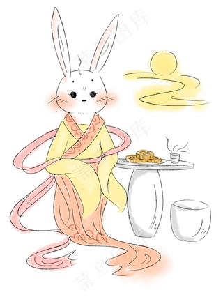 中秋节赏月与吃月饼的兔兔PNG