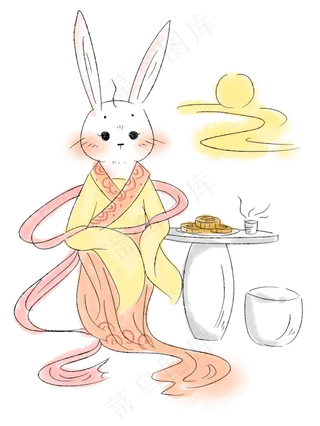 中秋节赏月与吃月饼的兔兔PNG