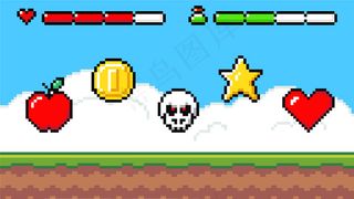 像素艺术游戏场景与草地平台和宝贵的奖品重要的球员