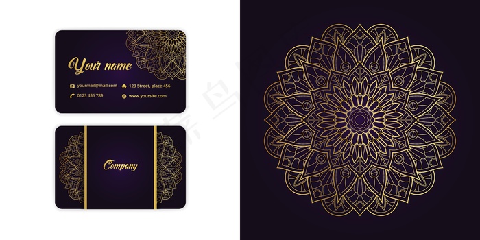 奢华的金色曼荼罗蔓藤图案名片和蔓藤图案背景，以优雅的紫色为背景