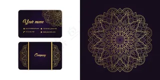 奢华的金色曼荼罗蔓藤图案名片和蔓藤图案背景，以优雅的紫色为背景