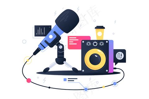 连接超低音扬声器的麦克风的现代技术图标。用于录制音乐的概念符号设备。