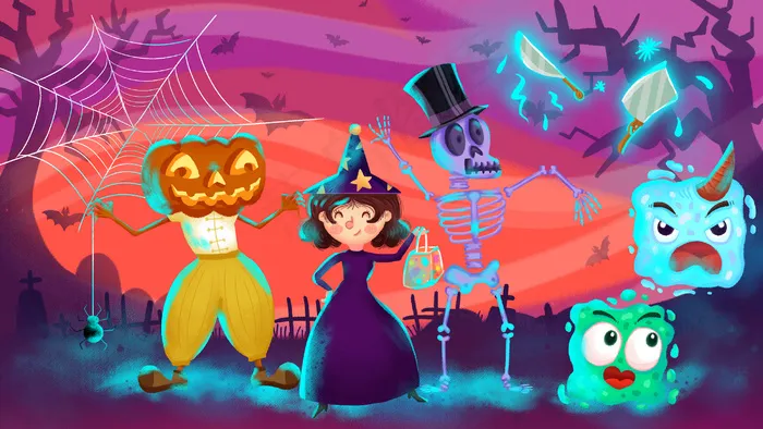万圣节群魔乱舞南瓜鼓楼精灵女巫蝙蝠(2880*1620px 300 dpi )psd模版下载