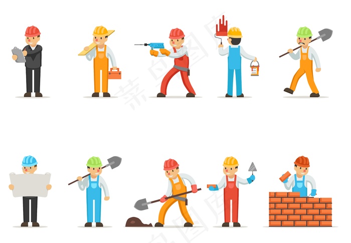 专业建筑工人或建筑工人。专业建筑和施工、工人挖掘或钻孔、工作工人砌砖工人插图eps,ai矢量模版下载