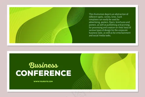 绿色彩色抽象构图的模板插图，文本背景为深色，水平格式。商务会议概念。正面和背面。