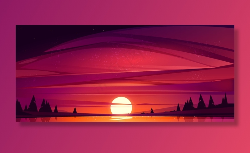 湖面上的夕阳，红红的天空伴随着太阳从树木环绕的池塘落下eps,ai矢量模版下载