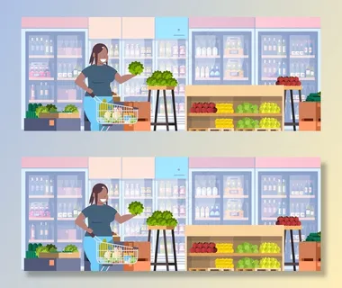 带购物车的女人选择杂货概念女孩超市顾客杂货店内部水平肖像