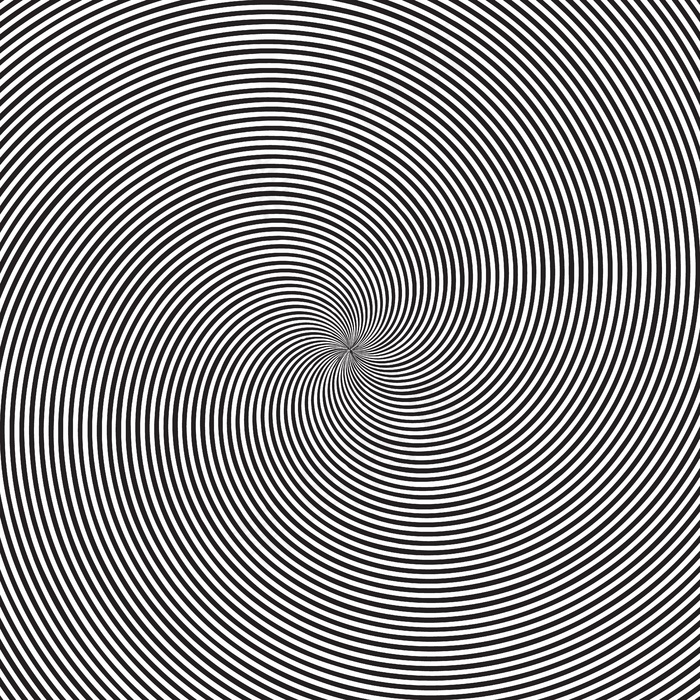 幻觉方形背景，带有圆形黑白漩涡、螺旋或扭曲。