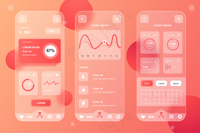 健康追踪glassmorphic design neumorphic elements kit for mobile app ui ux gui屏幕集eps,ai矢量模版下载