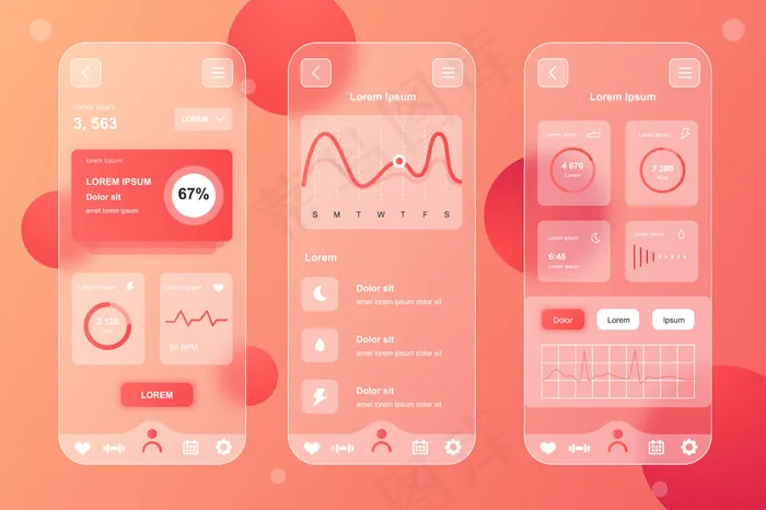 健康追踪glassmorphic design neumorphic elements kit for mobile app ui ux gui屏幕集eps,ai矢量模版下载